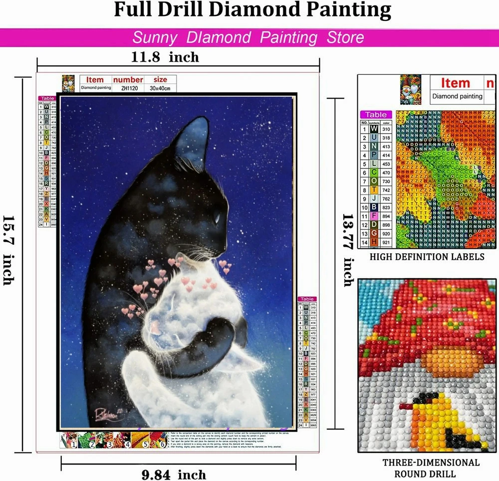 Black  White Cat 5D Diy Diamond Painting Starry Sky Love Art Full Drills Embroidery Mosaic Cross Stitch Kit Home Decor Kids Gift