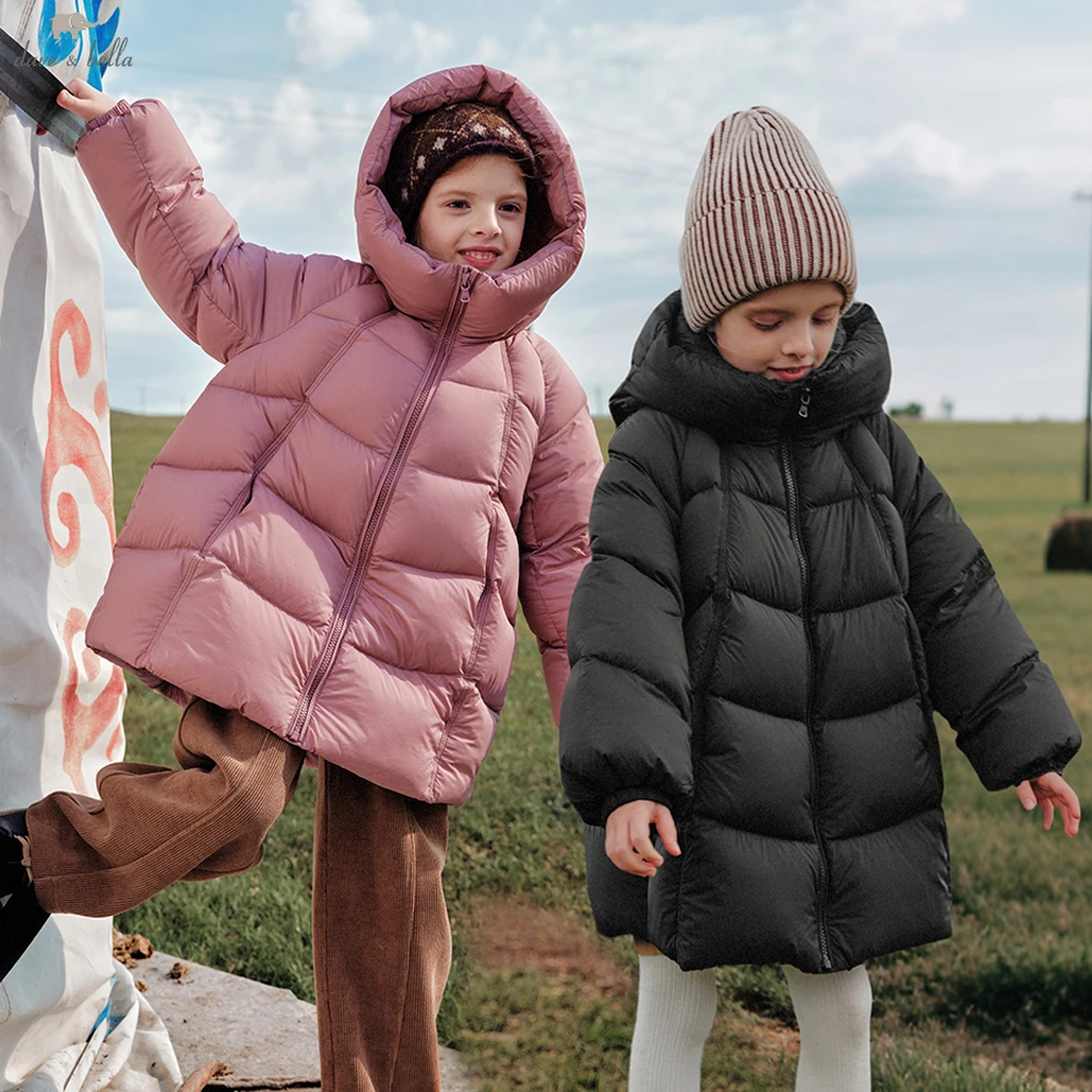 Dave Bella Mid-long Girls White Down Parka Jacket Children Winter Warm Hooded Down Coats Waterproof Outwear Clothes DB4264125