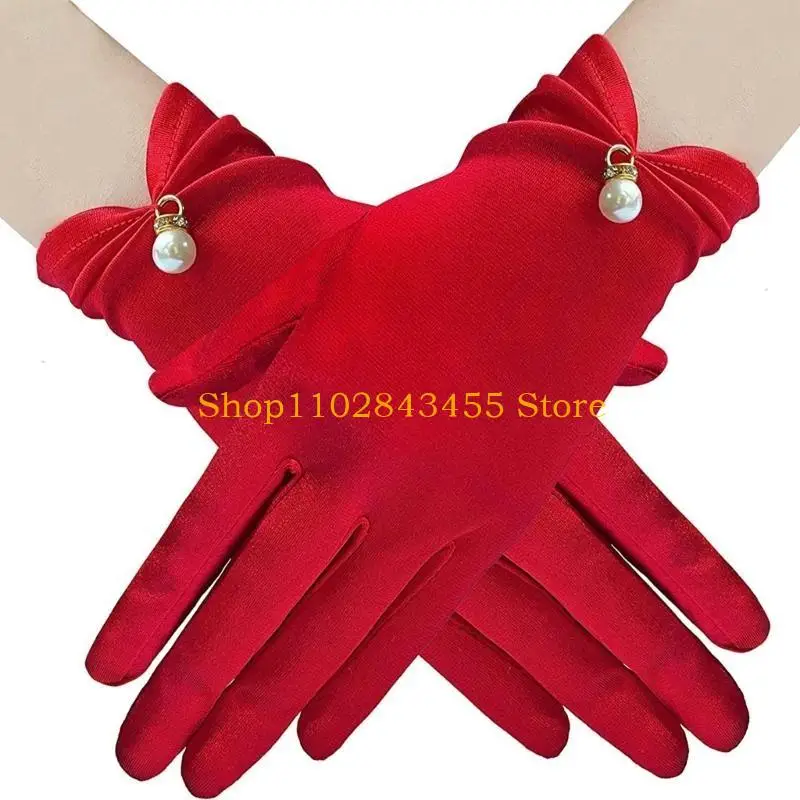 49MC Elegant Satined Gloves for Women Formal Occasion Gloves Ceremonial Wrist Length Pearls Gloves for Evening Dancing Party