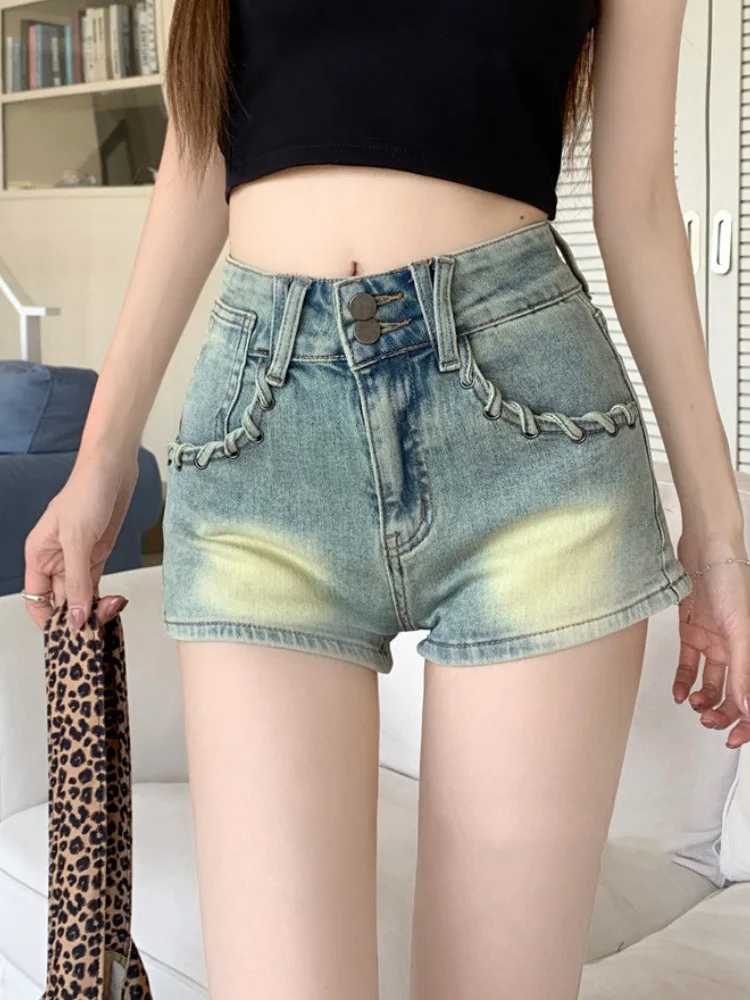 

New Korean Style Blue Skinny Weaving Pockets Women Jean Shorts Slimming Sexy Streetwear Washed Distressed Denim Shorts