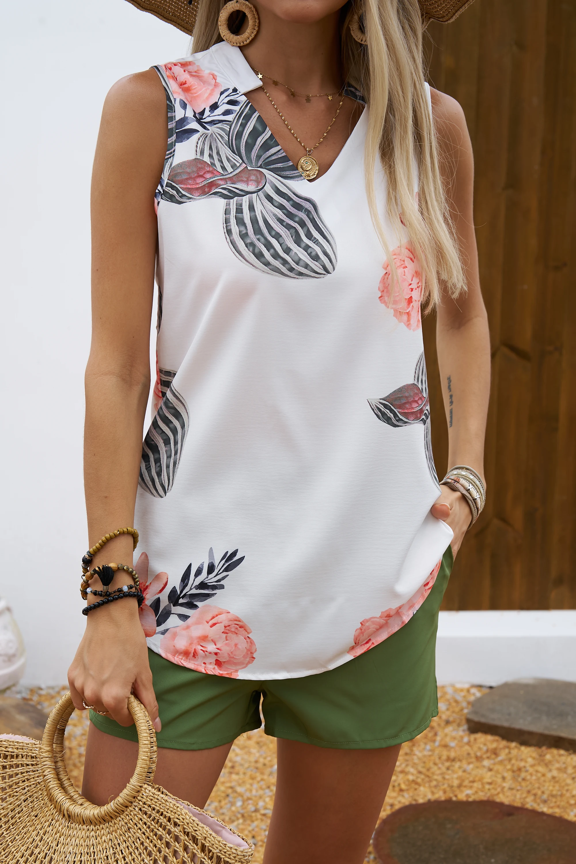 

Hot V Neck Satin Loose Sleeveless Floral Blouse, Top for Women Daily & Vacation