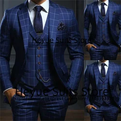 Navy Blue Plaid Luxuly Men Suits Slim Fit Notched Lapel Groom Formal Tuxedos Prom 3 Pcs Sets Business Male Blazer Costume Homme