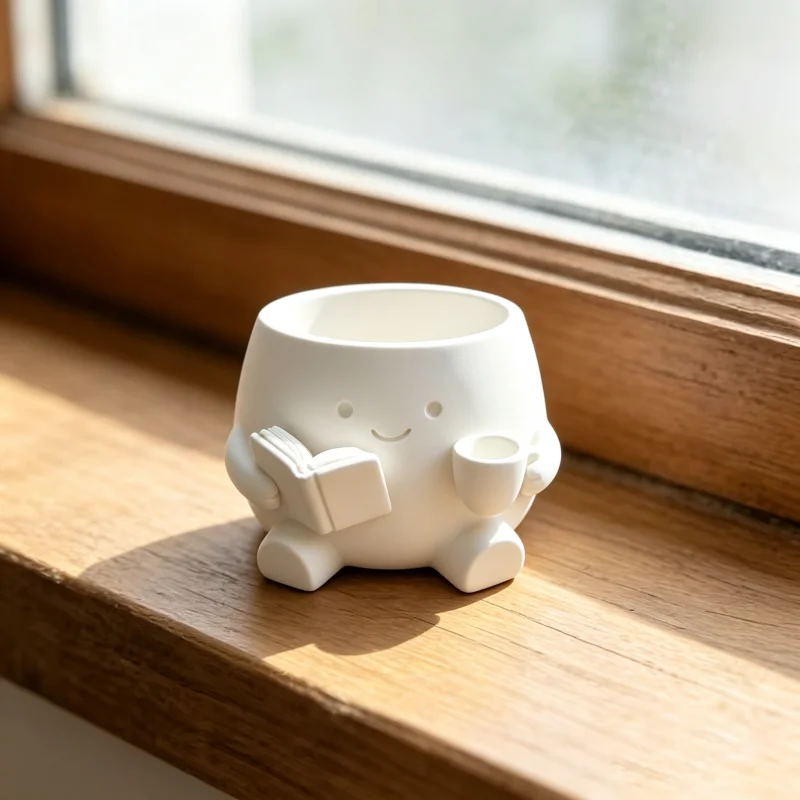 Cartoon Sitting Character Small Flower Pot,Pink White Mini Planter,3D Print For Office Bookshelf Nightstand Table Decor Ornament