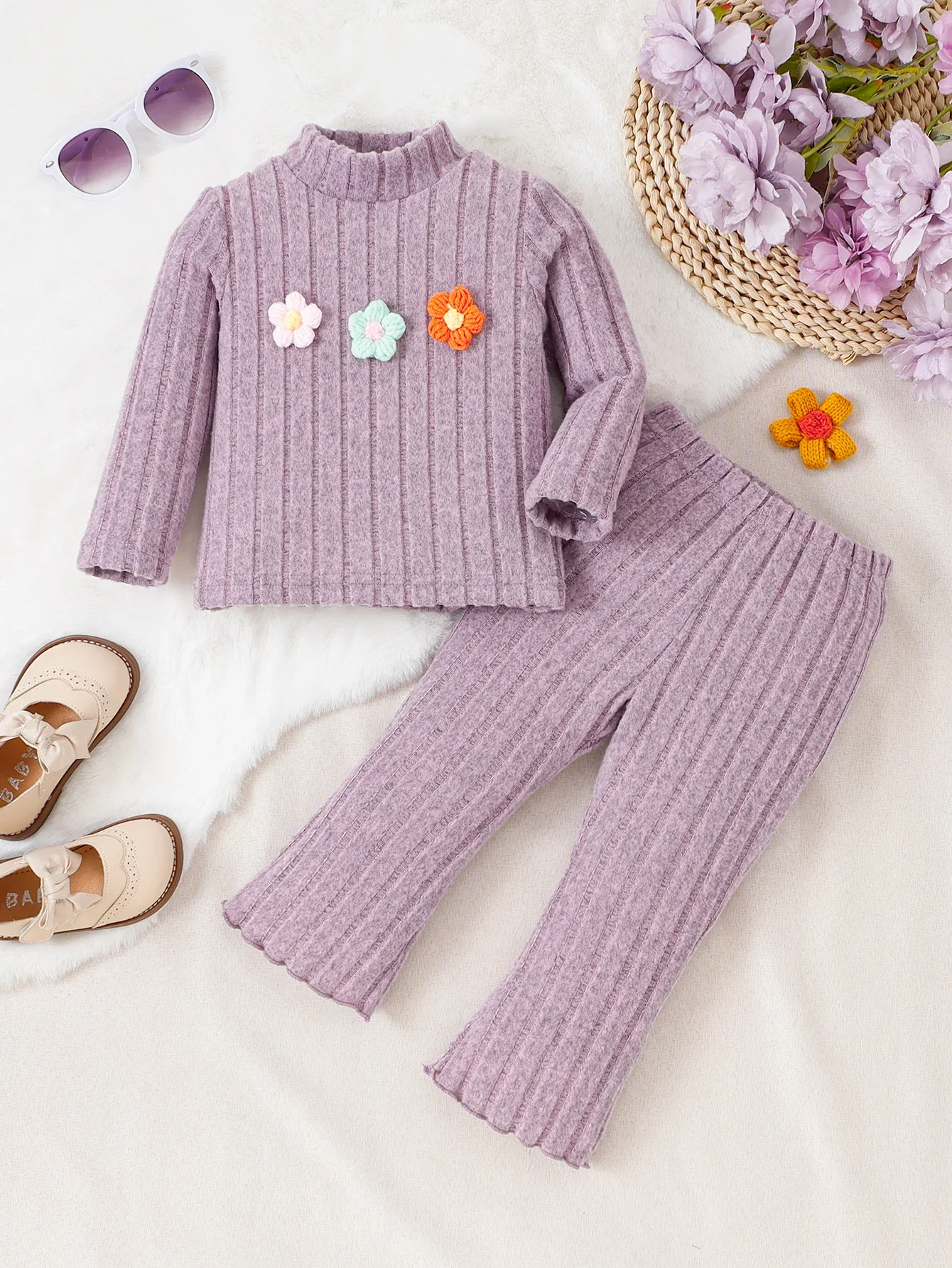 

Girl baby Set Half High Collar Solid Color Small Flower Tops +Pants Fashion 2pcs/Set 0-3 Years Cute Girl baby Spring Autumn Set