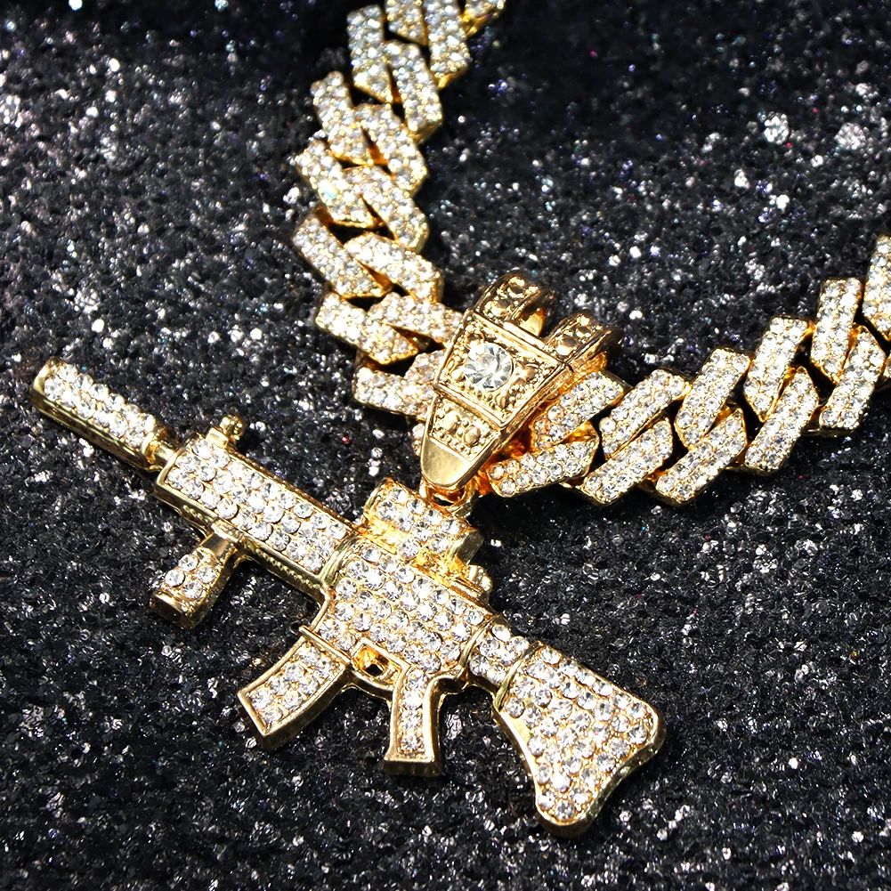 Men Women 14MM Cuban Chain AK47 Gun Pendant Necklace Iced Out AAA Rhinestone Prong Miami Cuban Link Chain Hip Hop Jewelry Gifts