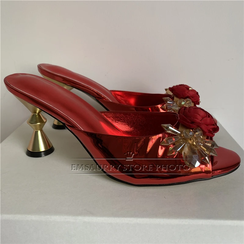 Handmade Rose Crystal Flower Sandals Women Novelty Metal Strange Heel Patent Leather Slingbacks Modern Summer Shoes