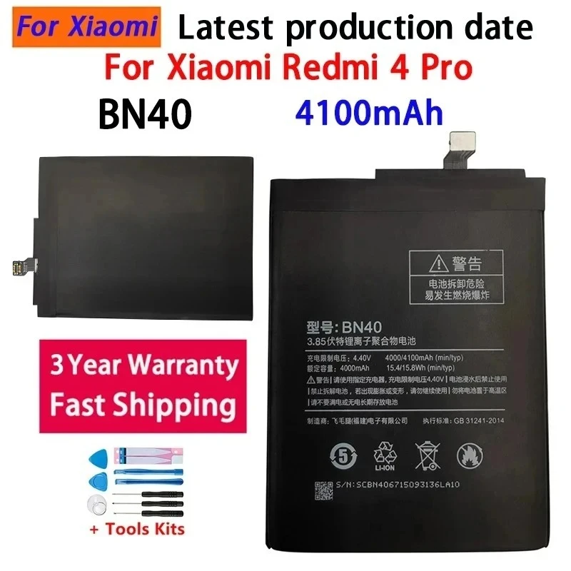 NEW High Quality 4100mAh Battery BN40 For Xiaomi Redmi 4Pro Prime 3G RAM 32G ROM Phone Replacement Batteries Bateria Batterij