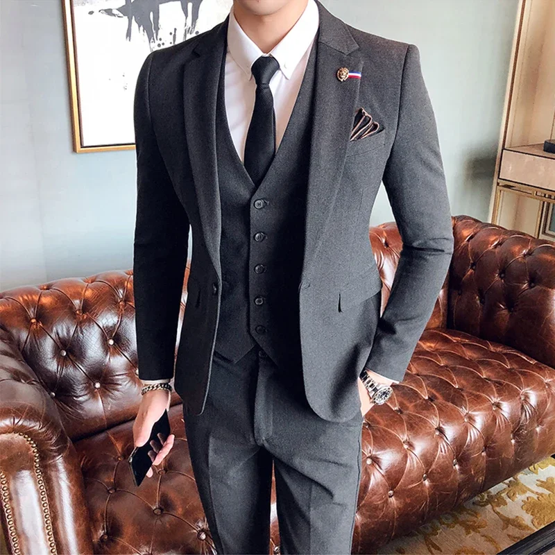 2024 Fashion New Men\'s Leisure Boutique Business Solid Color Slim Wedding Suit / Men\'s Striped 3 Pcs Blazers Jacket Pants Vest