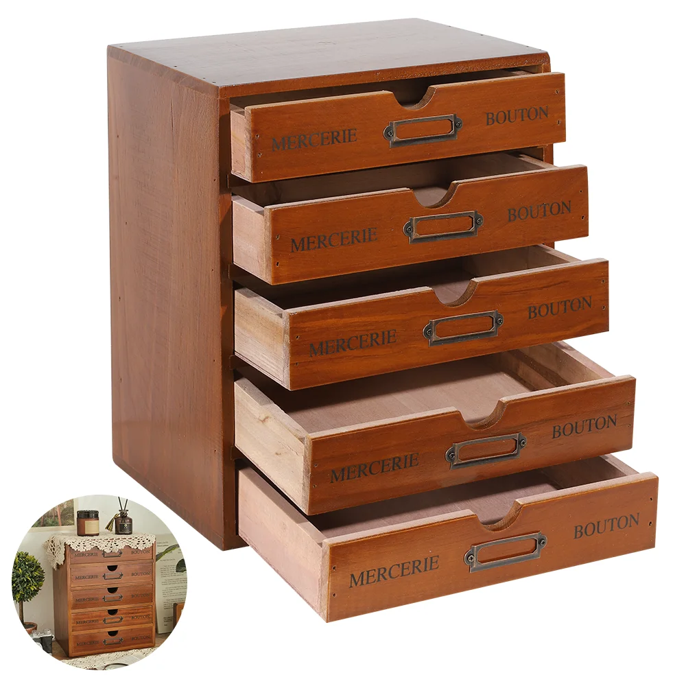 5-Tier Wooden Drawer Storage Cabinet Wooden Organizer Box Jewelry Small Accessories Office Supplies Storage Organizer