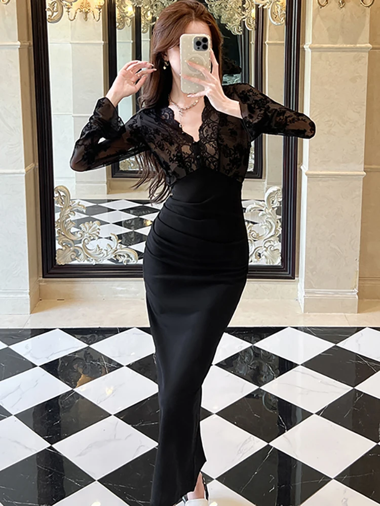 Autumn Winter Black Patchwork Lace Jacquard V-Neck Sexy Dress Women Elegant Luxury Long Dress 2025 Korean Bodycon Evening Dress
