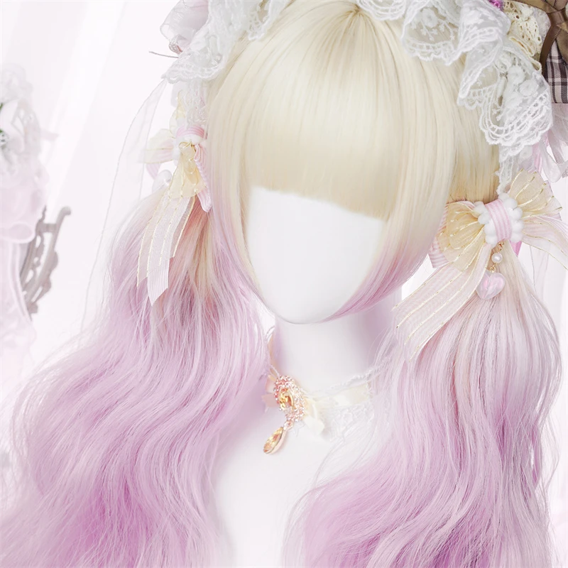 Girl Purple Mixed Gradient Long Wavy Lolita Wig With Bangs Cosplay Party Synthetic Wigs For Women