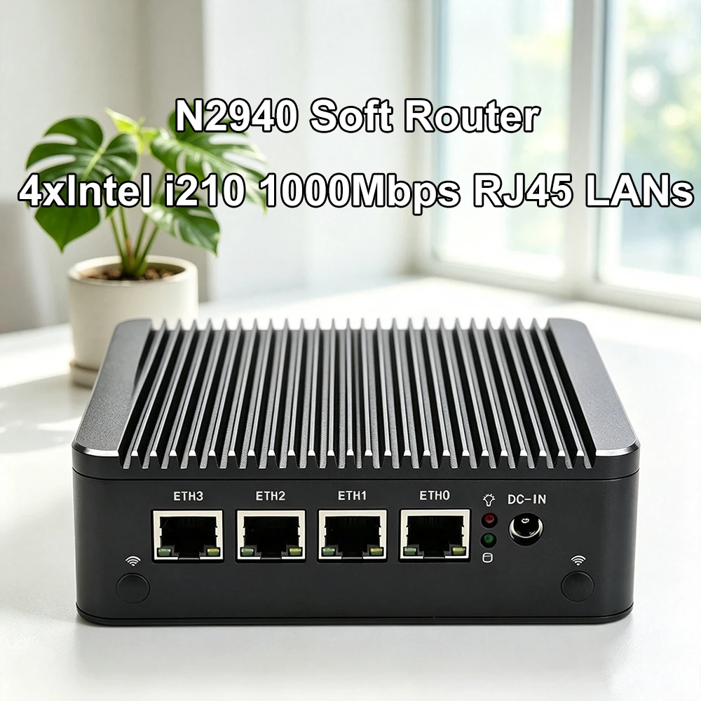Intel Celeron N2940 Processor Fanless Low Power Soft Router 4 Port Intel i210 1000M LAN Firewall Server Support Openwrt Pfsense