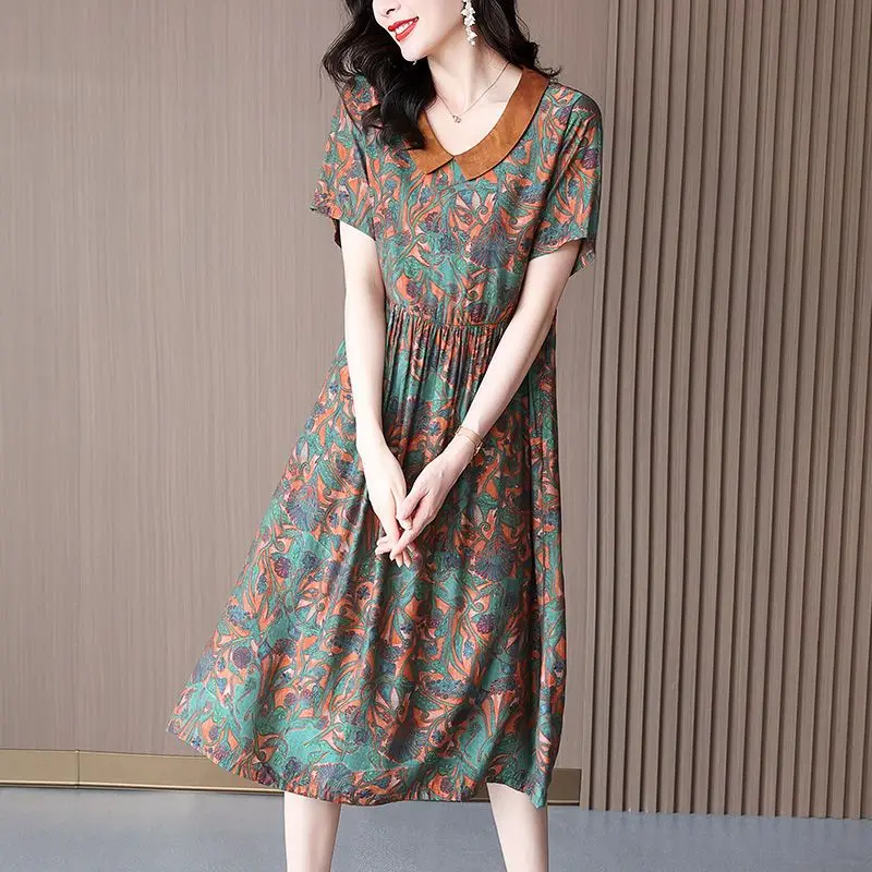 2023 Summer New Temperament Women's Clothing Short Sleeve V-Neck Elegant Fashion Printed Commuter Medium and Long Floral Dress