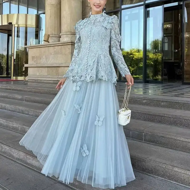 

Summer Two Piece Set Women Embroidery Long Dresses Lace Blouses Tulle Maxi Skirts Suits 3D Butterfly Luxury Formal Evening Dress