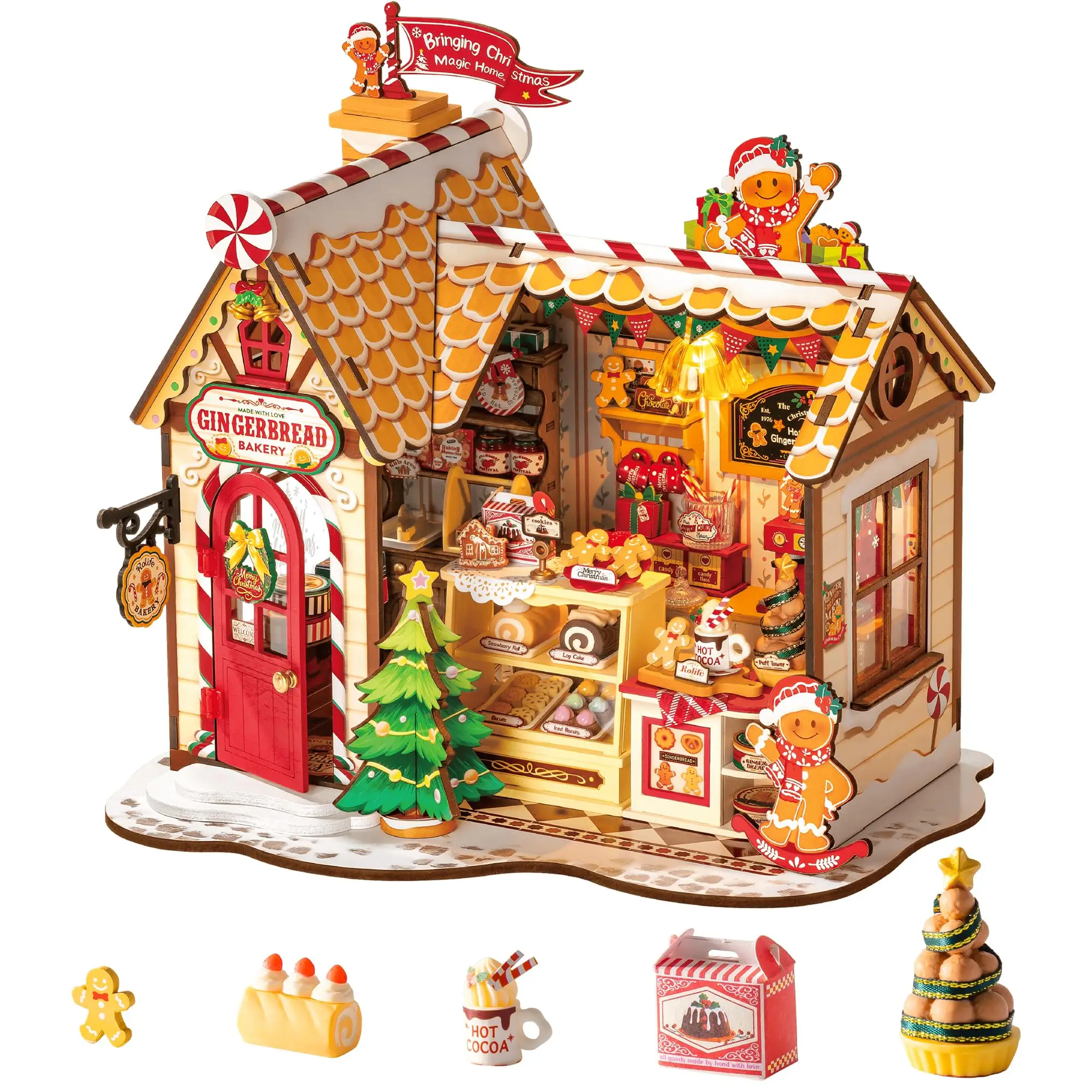 Rolife Casa di pan di zenzero Kit in miniatura fai-da-te Casa delle bambole a tema natalizio con luci per la decorazione domestica Regalo di festa per un amico di famiglia