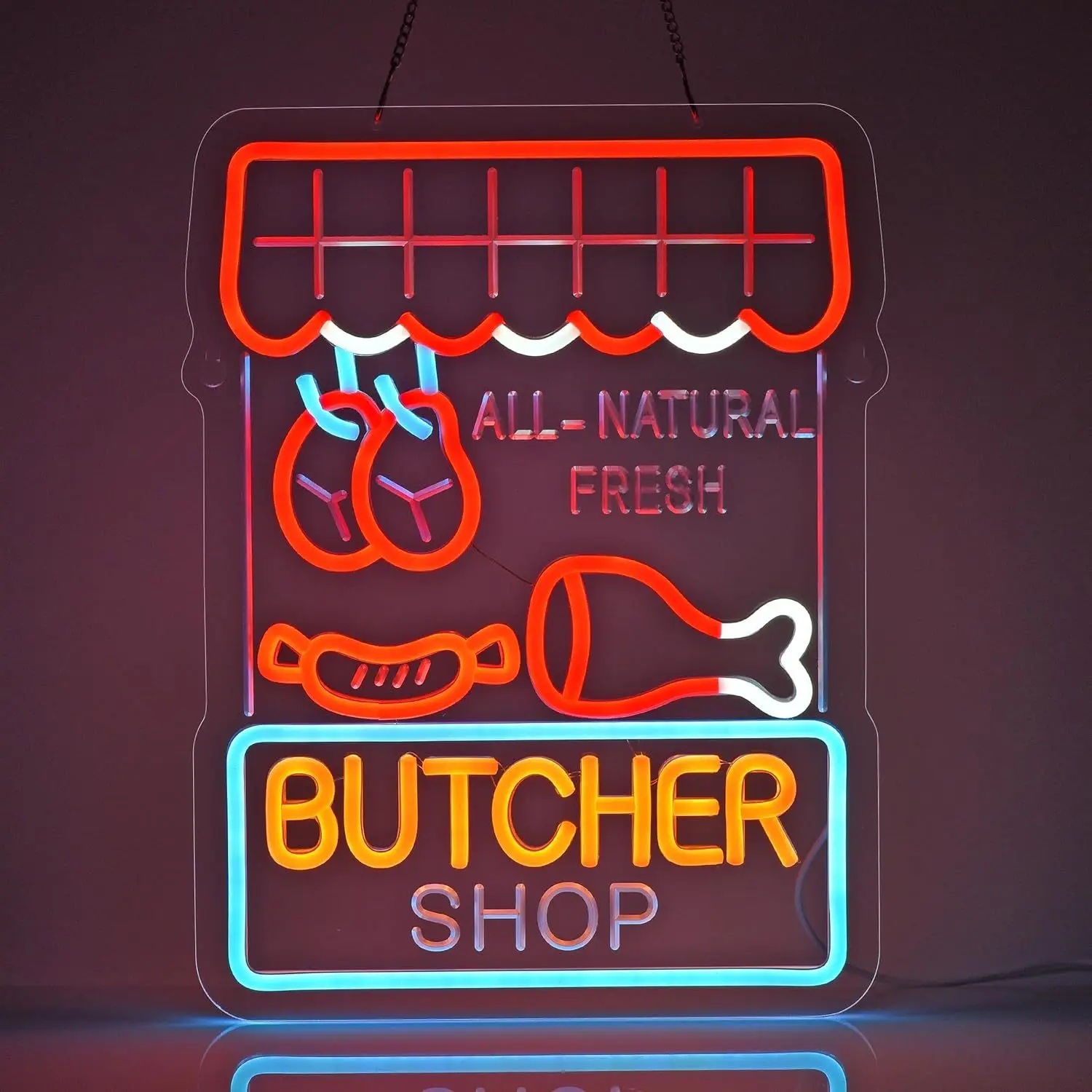 Butcher Shop Neon Sign All Natural Fresh Meat LED Light USB Powered Dimmable Wall Art for Store Restaurant Deli Decor