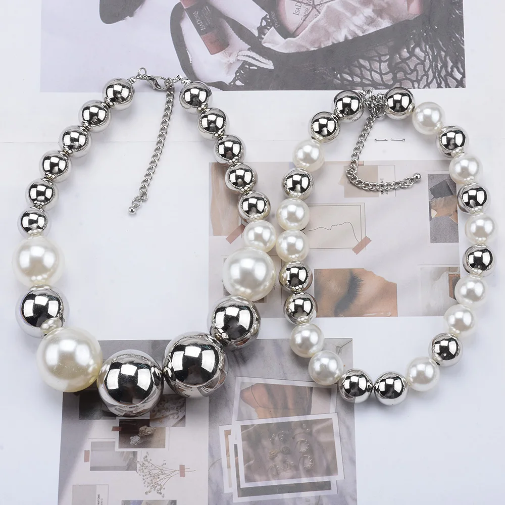 2024 New ZA Fashion Double Layer Imitation Pearls Large Collar Choker Necklace Women Silver Color Acrylic Beads Necklace Jewelry