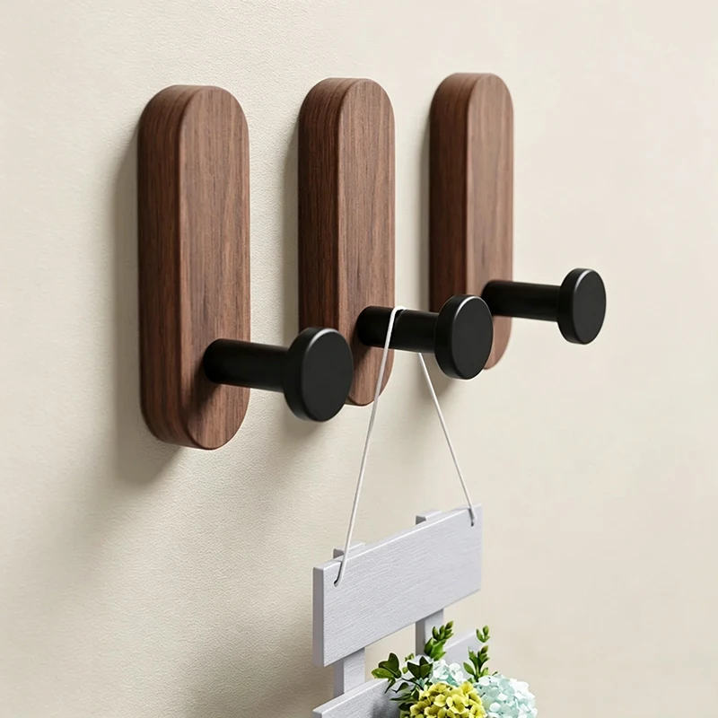 Self Adhesive Walnut Wood Wall Hooks, No Drill Wall Mounted Hanger for Coat Towel Hat Backpack Robe Entryway Key Holder