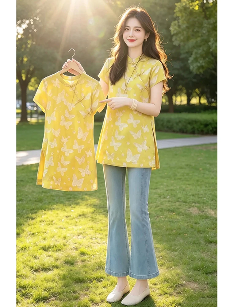 

Elegant Chinese Style Shirt for Women Button Placket Slim Fit Short Sleeve Casual Style Beautiful Fashionable Ladies Blouse