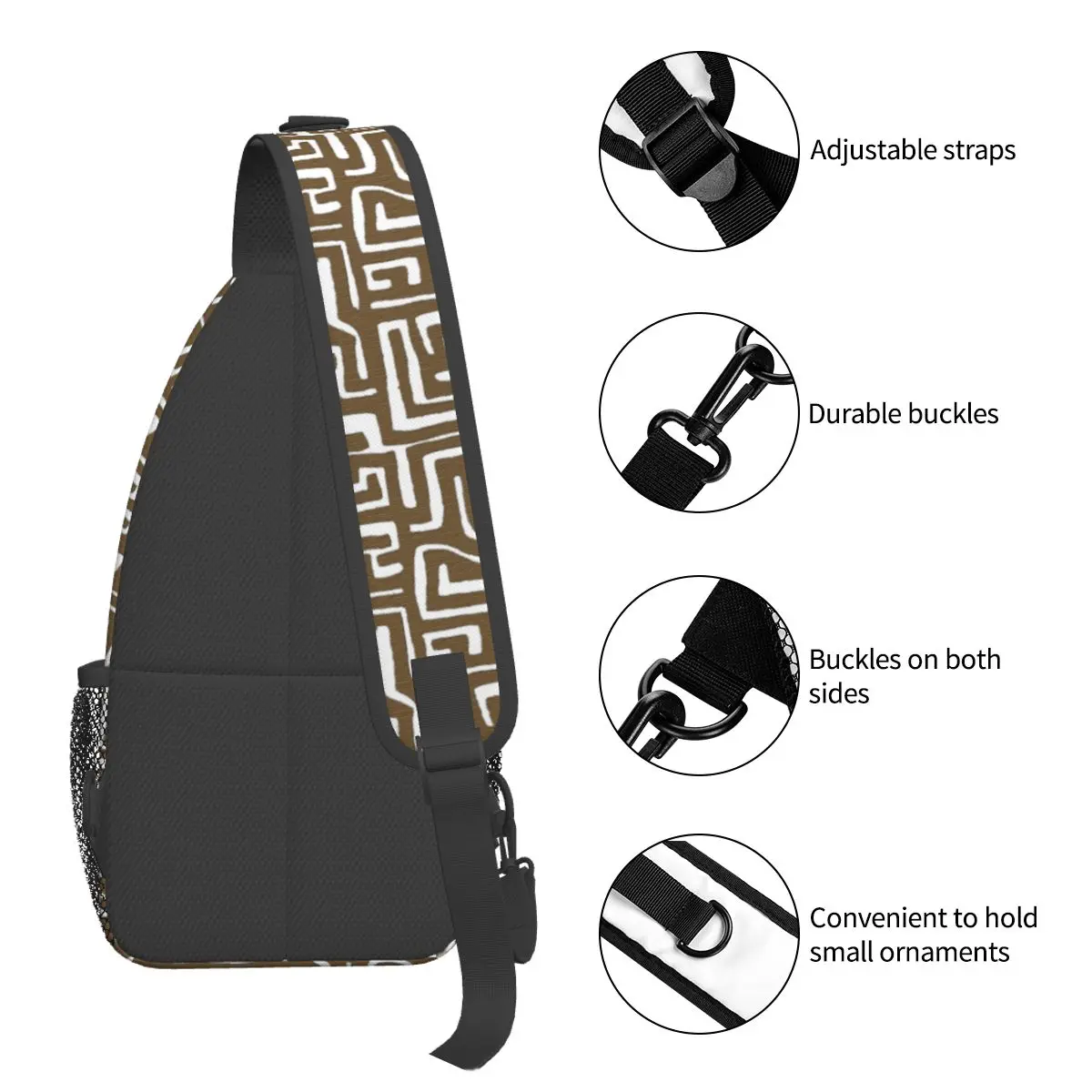 Kuba Cloth Graphic African Crossbody Sling Bag Small Chest Bag Shoulder Backpack Daypack for Travel Hiking Biking Satchel