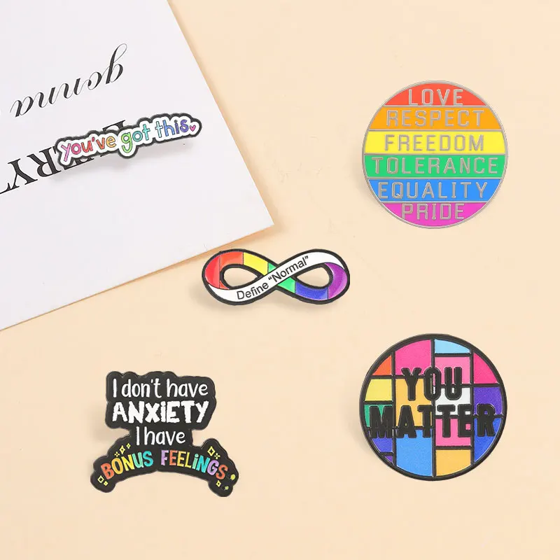 Positives Zitat zur psychischen Gesundheit, Emaille-Abzeichen, Regenbogen-Abzeichen für Gleichberechtigung, Anstecknadeln mit inspirierenden Worten, Broschen, Accessoires, Geschenke. – Detail 5