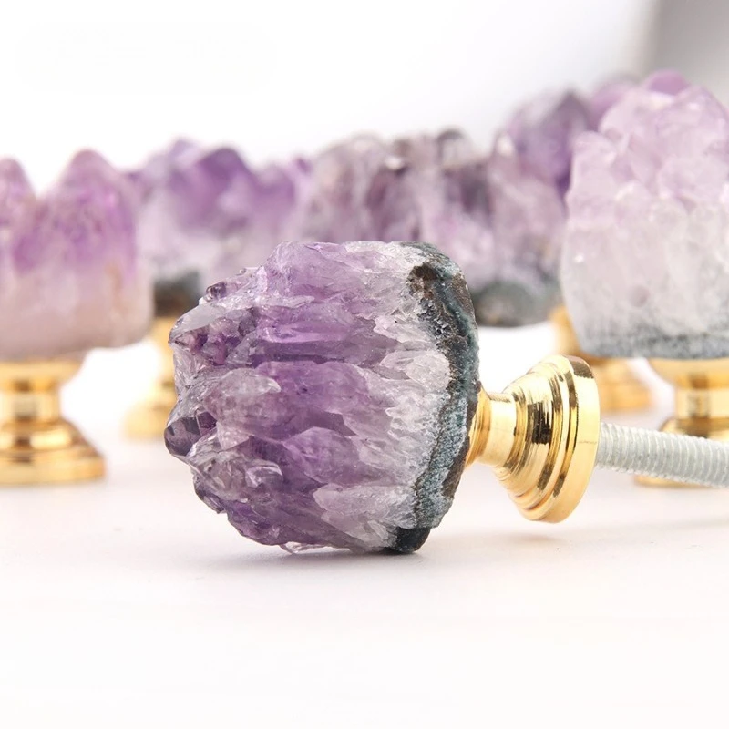 2021 New Light Luxury Natural Rough Amethyst Stone Handle Single Hole Drawer Cabinet Door Box Closet Small Knob Furniture  Pulls