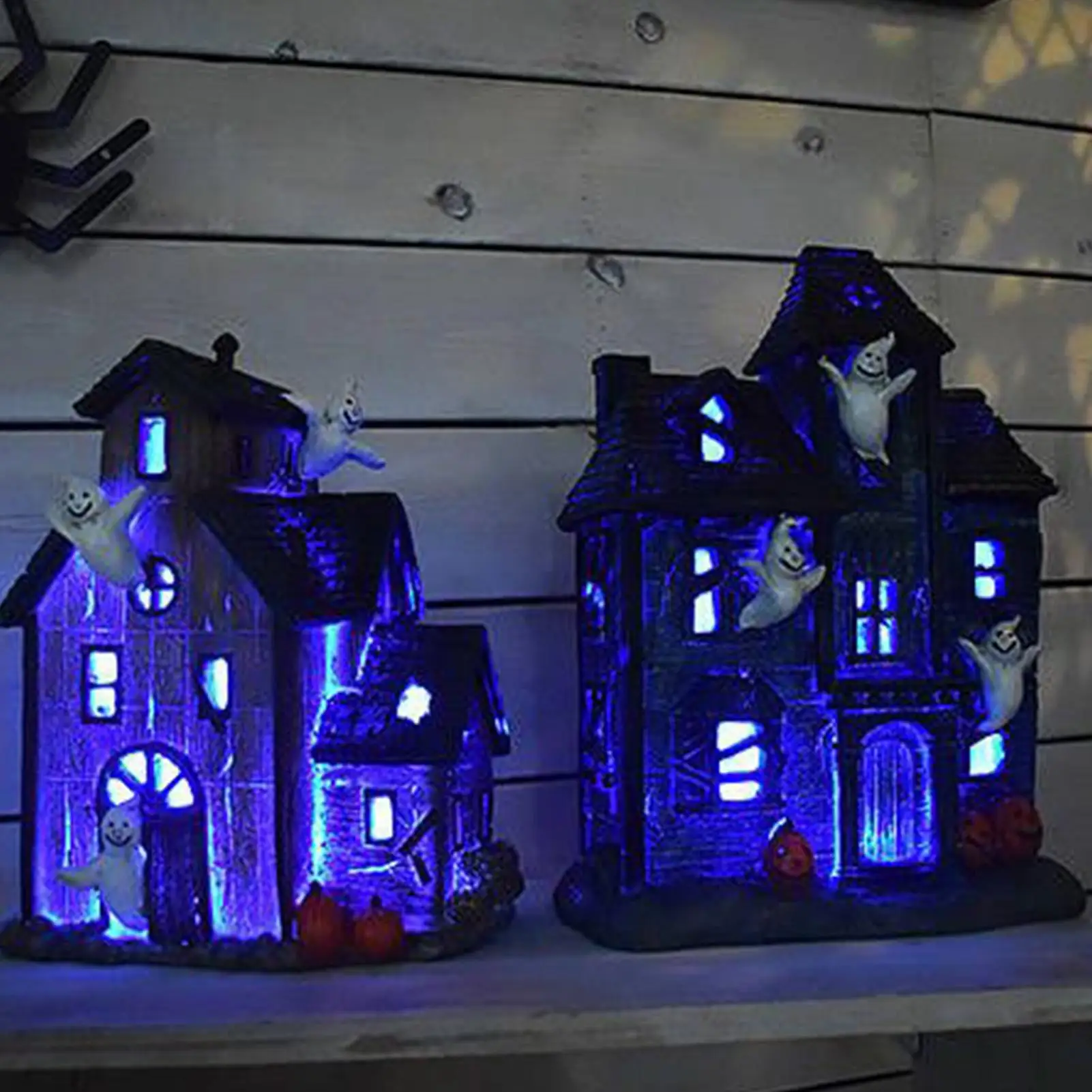 

Halloween Village Houses with LED Lights, Resin Spooky Village Haunted House Ornaments Halloween Decorations for Home Party