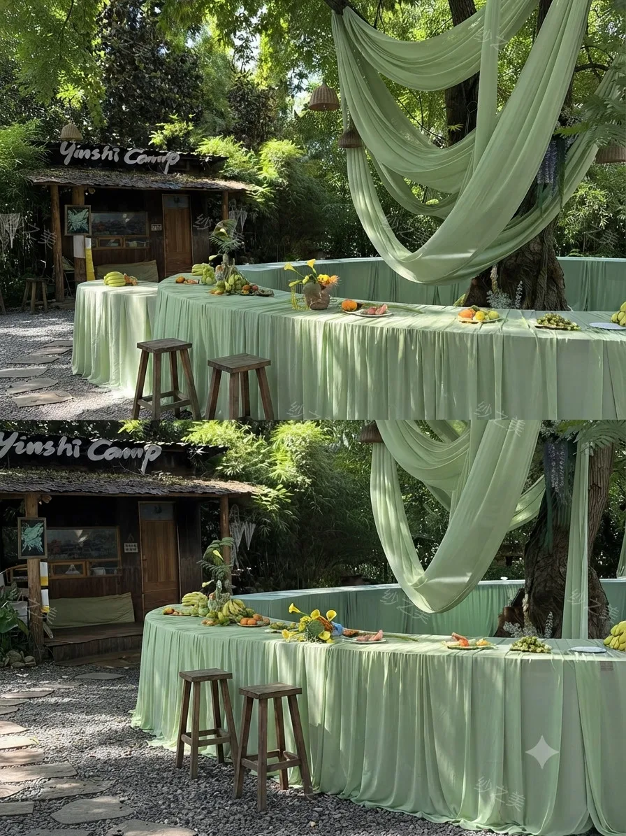 Blue Gray Green Chiffon Translucent Pneumatic Voile Ceiling Cloth Draping Fabric for Wedding Background Decorative Yarn Fabric