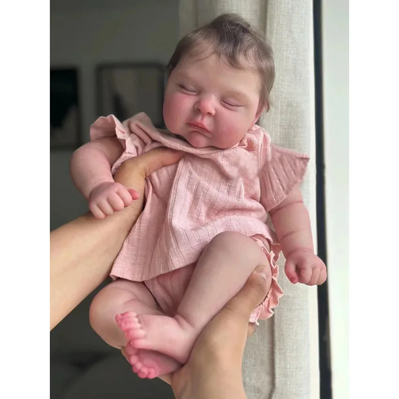 48cm Cute Reborn Sleeping Baby Doll Girl Peaches with Hand-Rooted Brown Hair Soft Siliconen Reborn