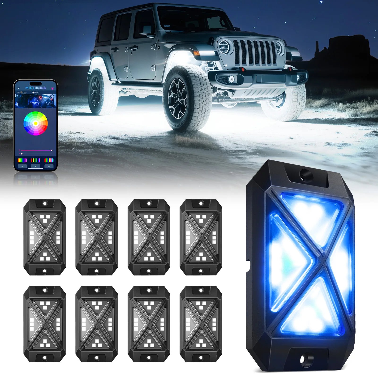 

MICTUNING C4 RGBW LED Rock Lights,8 Pods 360° Ultra-Bright 4-Sided Underglow Neon Accent Lighting Kit,App Control Music Mode