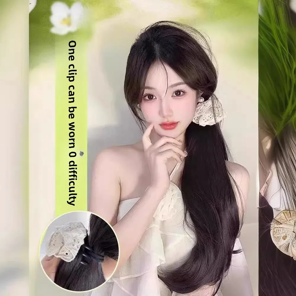 باروكة شعر نسائية محاكاة طبيعية نصف مربوطة منخفضة ذيل الحصان الدانتيل مشبك شعر مستعار من الألياف الآسيوية من البر الرئيسى للصين #2