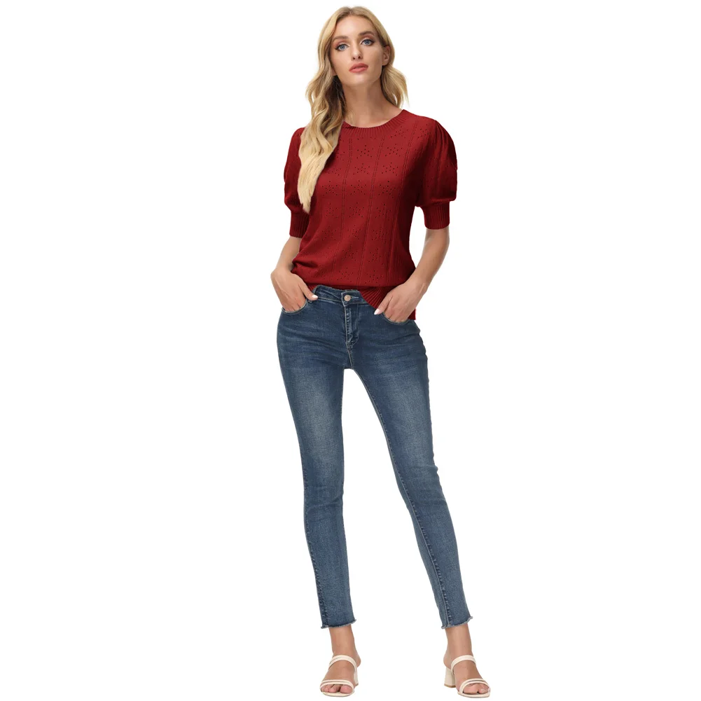 GK Women Hollowed-out Tops Puffed Short Sleeve Sweater Blouse Summer Pullover Kitted Tops Lady Crew Neck Soft Knitwear Top