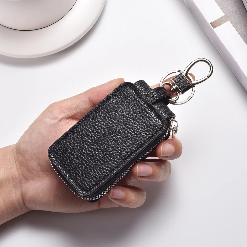 Litchi Grain PU Leather Key Case with Zipper Car Key Holder with Waist Hook Portable Key Pouch for Keys Coins