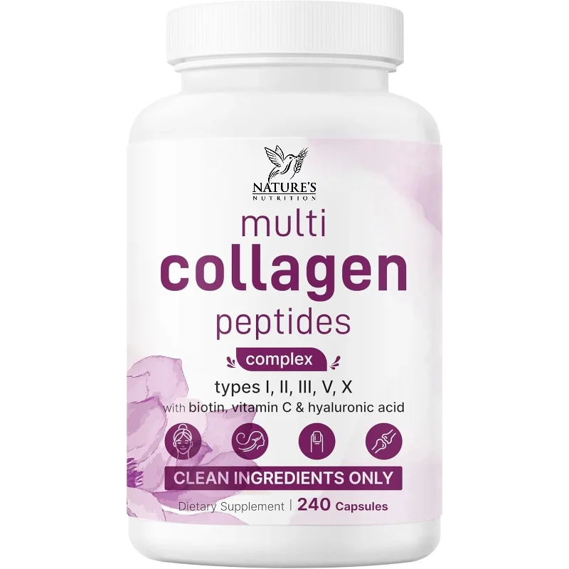 Multi Collagen Capsules 240ct Type I II III V X with Biotin Hyaluronic Acid Vitamin C Hydrolyzed Protein Supplement