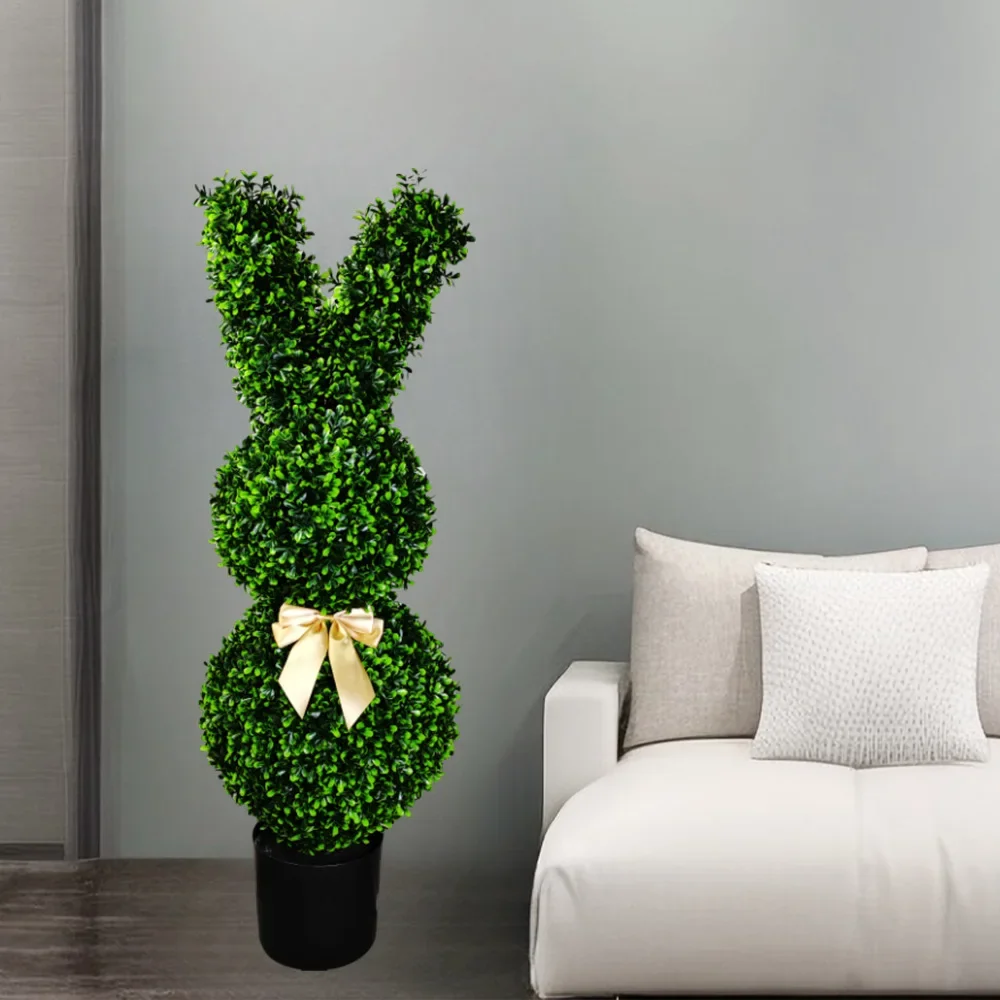 90cm Detachable Simulation Green Plant Rabbit, Bow Decoration Green Plant Rabbit Bonsai Hotel Courtyard Home Decoration