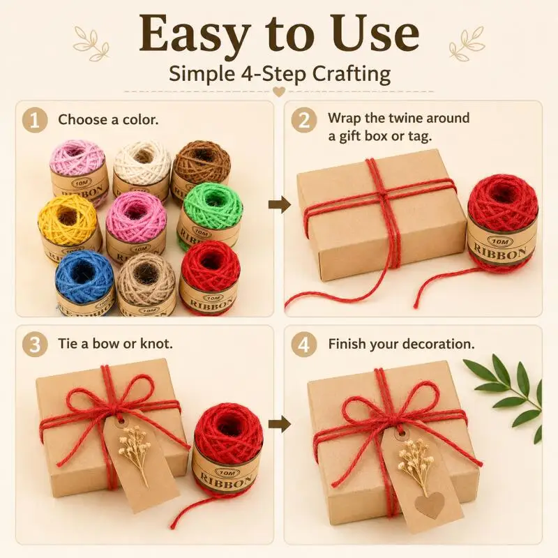 10m/Rolle farbiges Juteseil, geflochtene Jutekordel, Bastel-Juteseil, für DIY, Hochzeitsgeschenke und Dekoration. – Detail 4