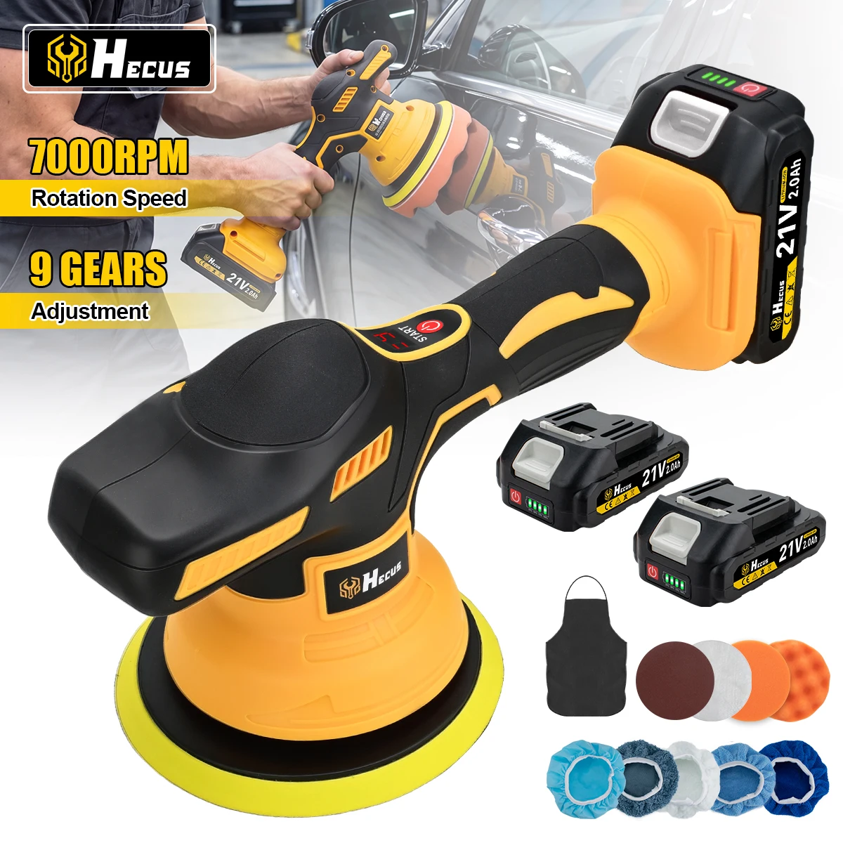 Lucidatrice elettrica per auto Hecus, 9 velocità, lucidatrice senza fili con display digitale, lucidatrice portatile per auto, per lucidatura, ceratura e levigatura, macchina rotativa, utensile