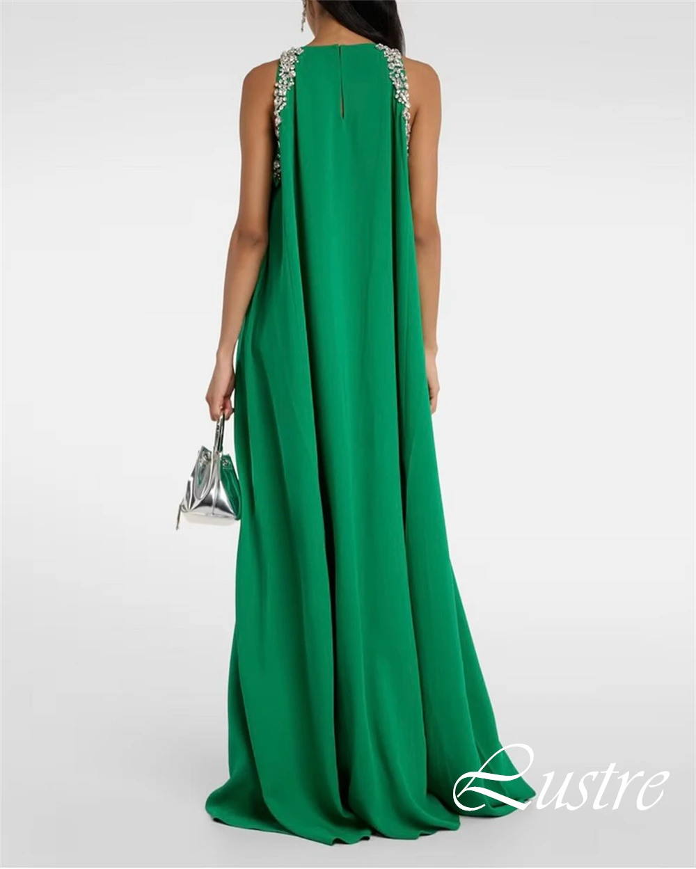 Customized Crew Neck Sleeveless Cocktail Dress Straight Floor Length Modern Evening Dress Crystal Green Delicate Prom Dress