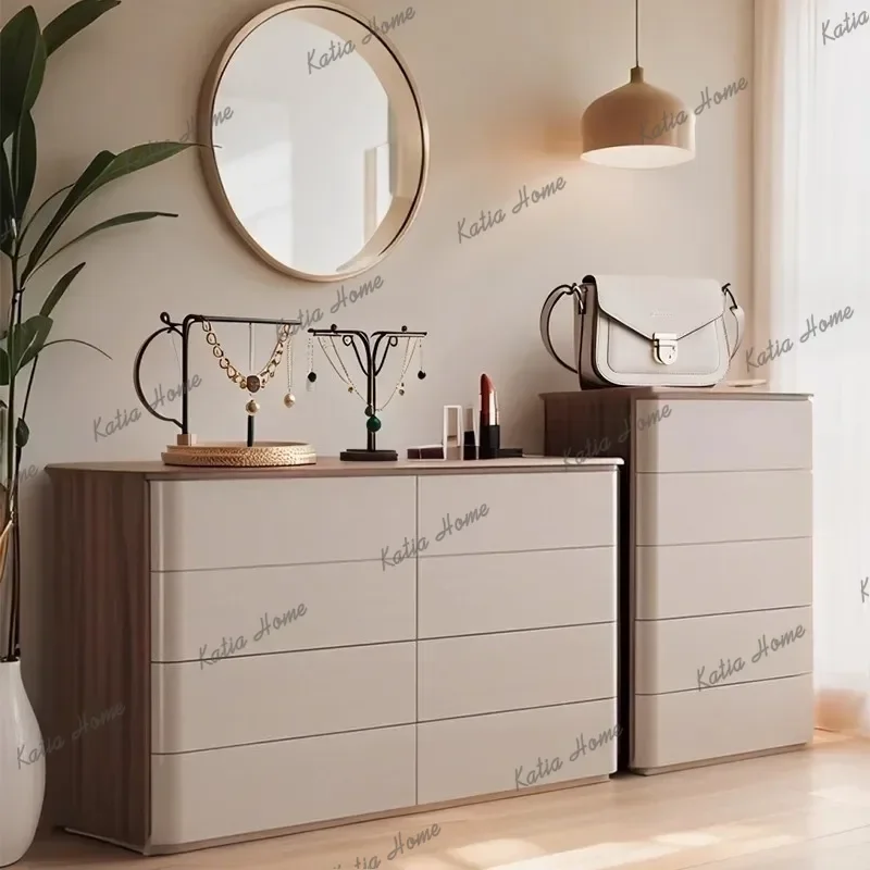 YJ Modern Cream Solid Wood Cabinet with Buckets Bedroom/Living Room Wall Storage Five Buckets Bedend Storage Unit