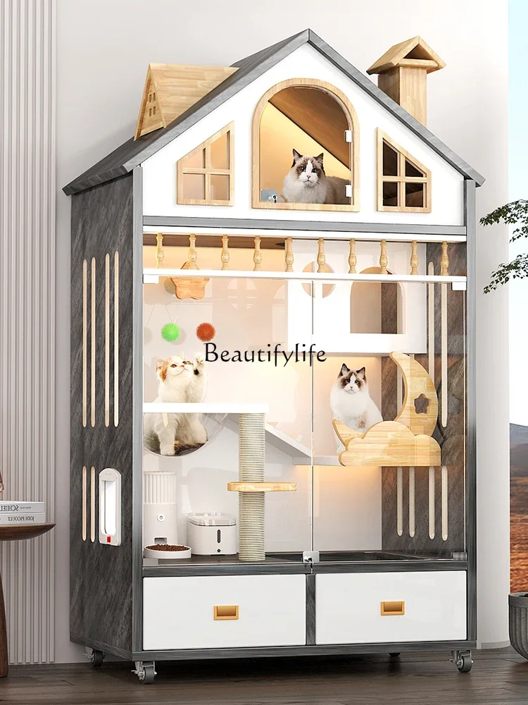 

FG44Pure Solid Wood Western Style Cat Villa Full Landscape Western Style Cat House Large Space European Style Cat Cabinet