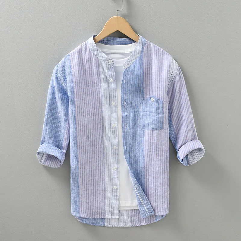 

Men's Linen irt Summer Thin Pure Linen f Sve Striped Design Casual Loose Fit Button up Top Japanese Sle Stand Collar