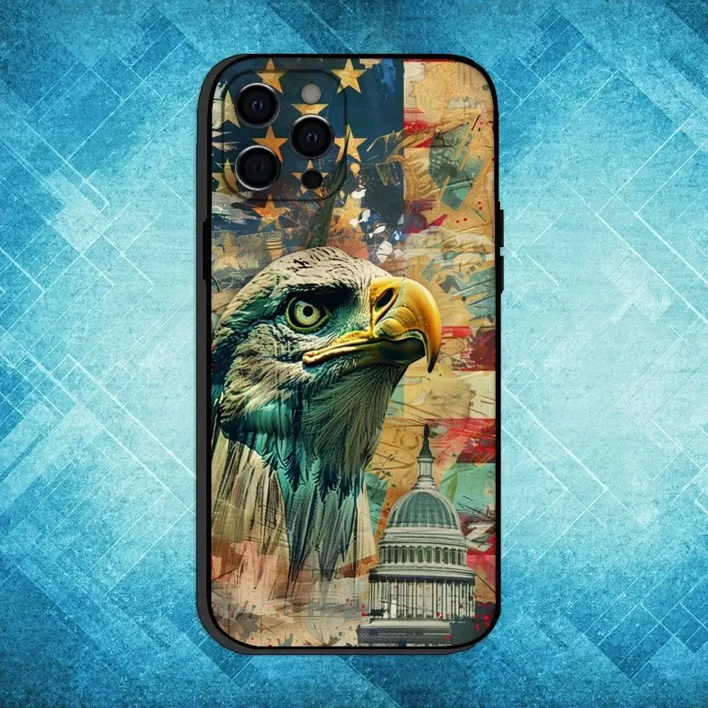حافظة هاتف النسر الأصلع الوطني الأمريكي لهاتف iPhone17,16,15,14,13,12,11 Plus، Pro Max غطاء أسود ناعم