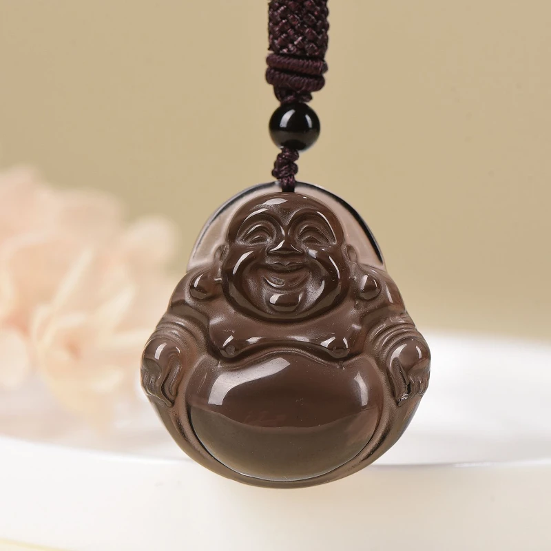 

Natural Icy Obsidian Buddha Pendant Women's Maitreya Necklace Buddha Big Belly Buddha Women's Necklace Crystal Pendant