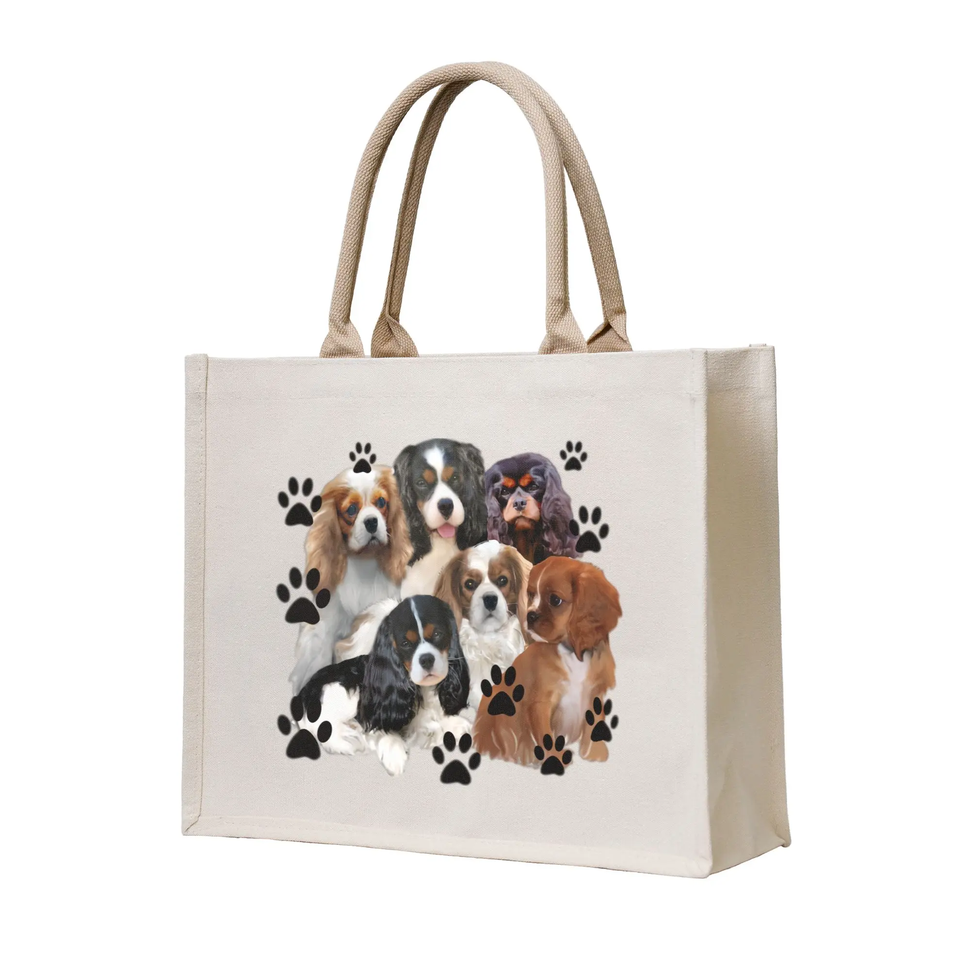 Reusable Dog Cavalier King Charles Spaniel Family Group  Shopping Bag Women Tote Bag Portable  Grocery Shopper Bags