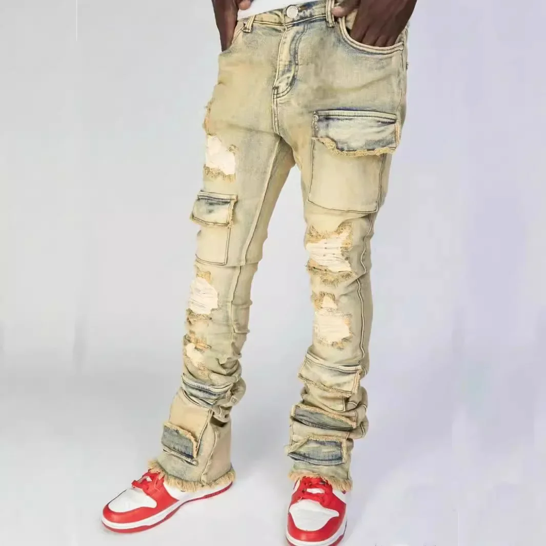 Four Seasons Men's Vintage High Street Casual Straight Jeans Caogo Pants Trendy Elastic Hole Patched Bootcut Denim Trousers Male