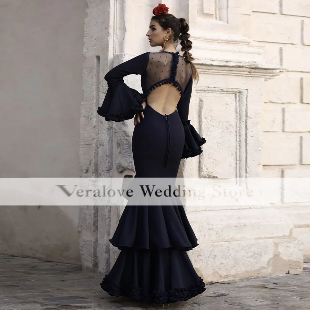 Black Flamenca Evening Dress Mermaid Long Sleeves V Neck Ruffles Skirt Gypsy Prom Dance Dress Formal Ceremony Party Gowns