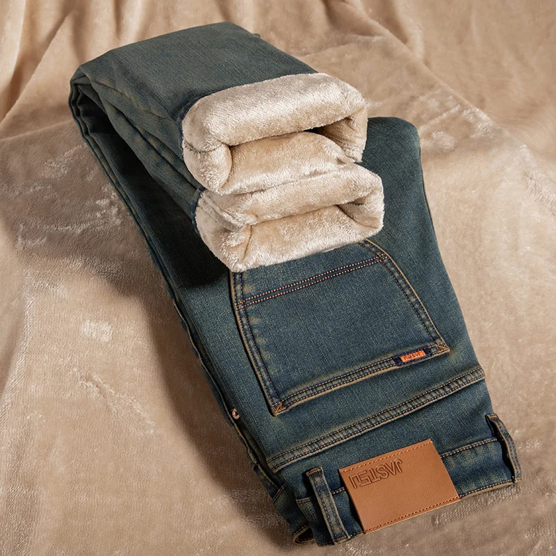 Winter Fleece Super Thick Warm Cotton Stretch Slim Straight Jeans Classic Business Casual Men's Large Size Vintage Trousers