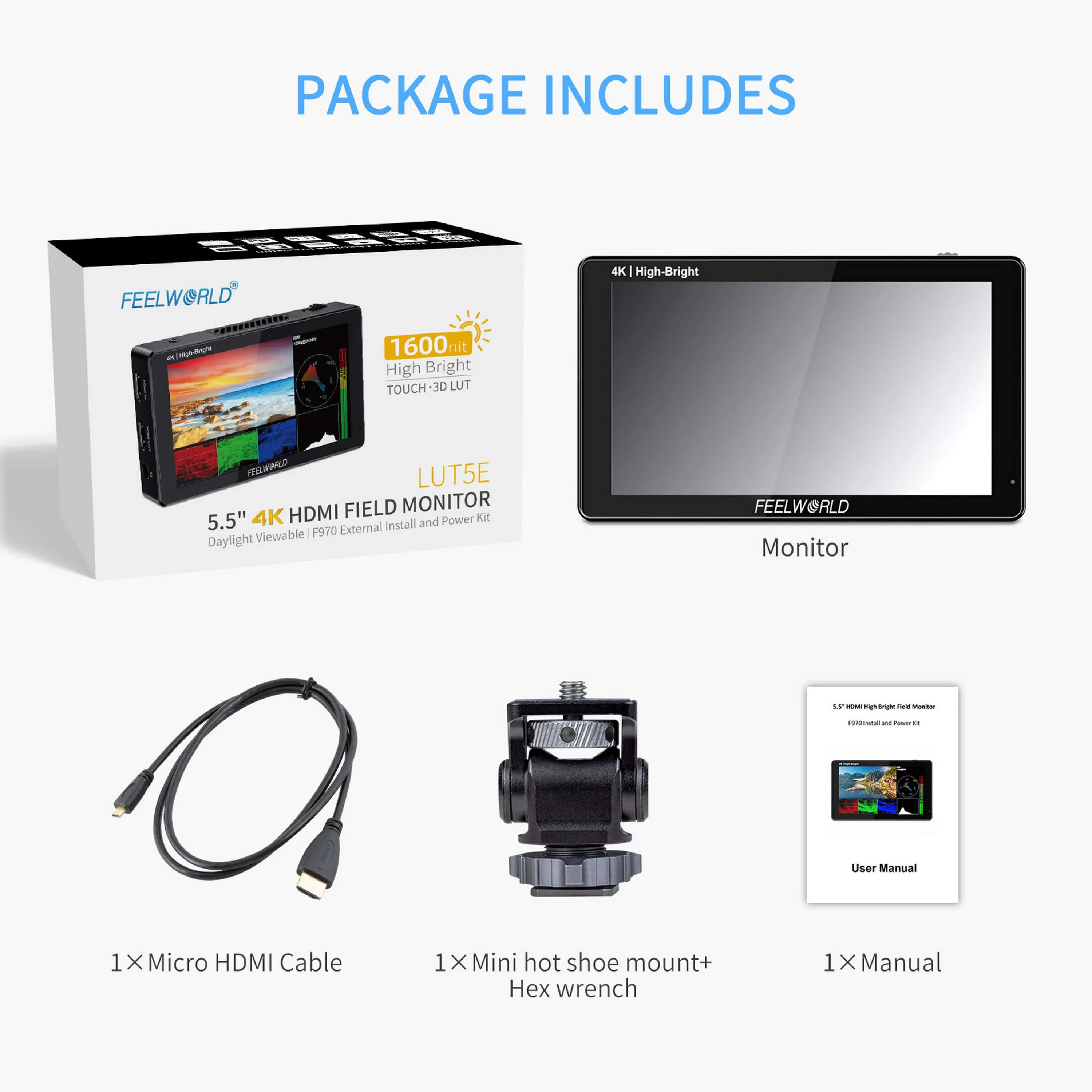 شاشة كاميرا Feelworld LUT5E مقاس 5.5 بوصة 1600nit فائقة السطوع تعمل باللمس DSLR مع مجموعة طاقة F970 4K HDMI IPS لوحة شعار مخصص #6