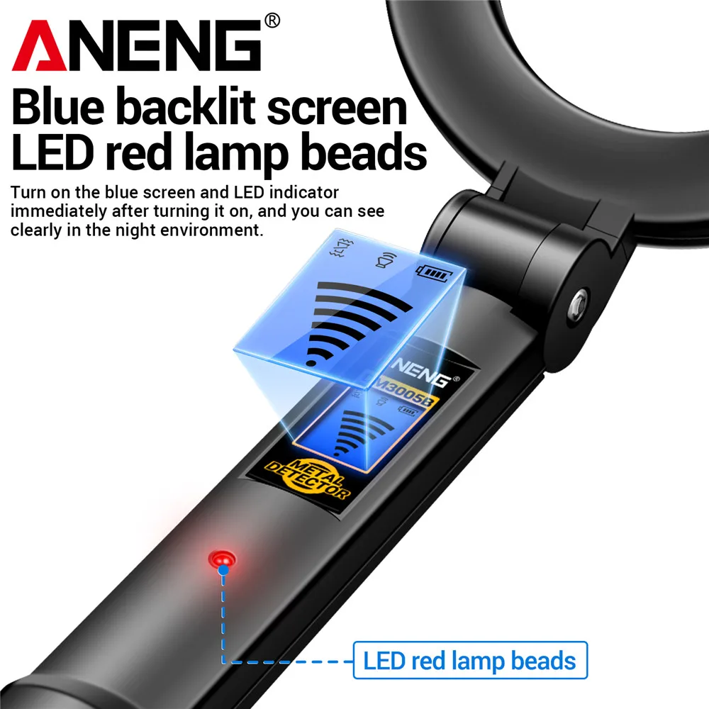 เครื่องตรวจจับโลหะแบบมือถือ เสียงเตือนและสั่นสะเทือน ANENG DM3005B สำหรับการรักษาความปลอดภัยสนามบิน ตรวจสอบวงจรไฟฟ้าผนัง ค้นหาทองคำและสมบัติ