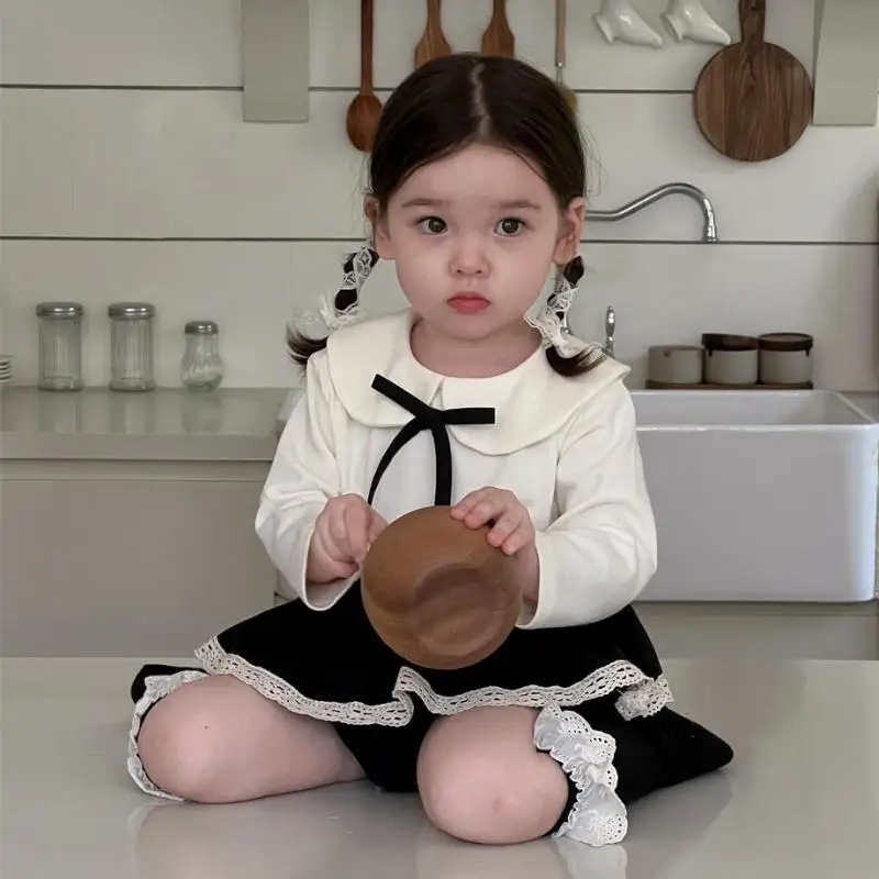 2025 Autumn New Baby Long Sleeve T Shirts Cotton Girls Cute Peter Pan Collar Bottoming Shirts Infant Toddler Solid Bow Tops